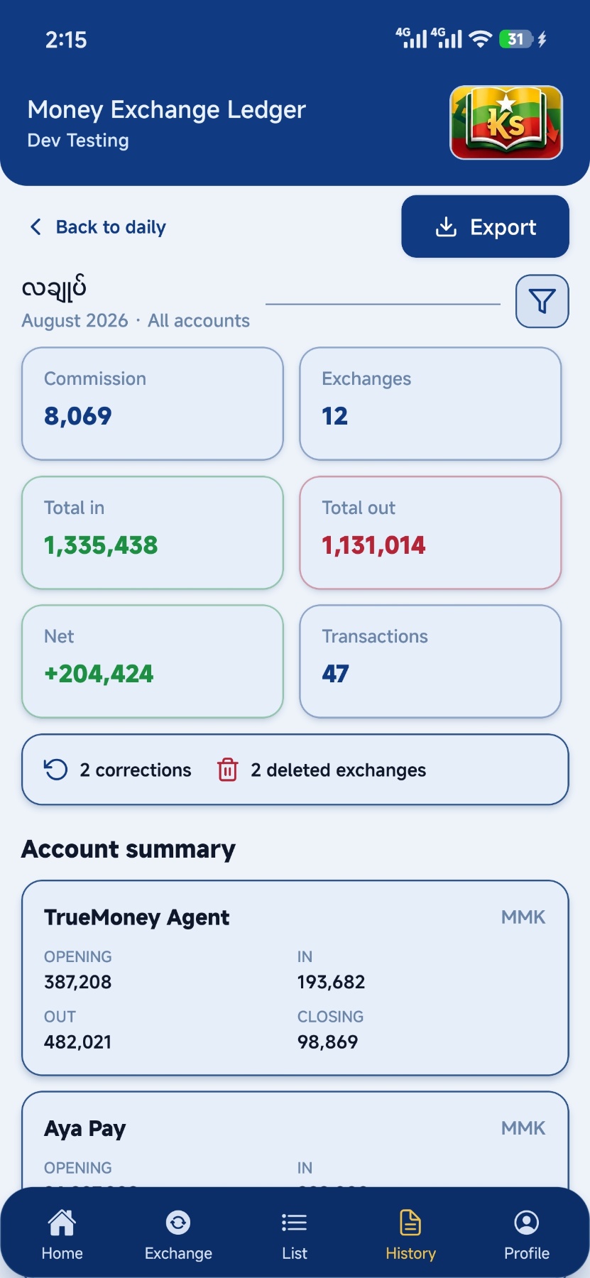 MEL Ledger monthly summary screen